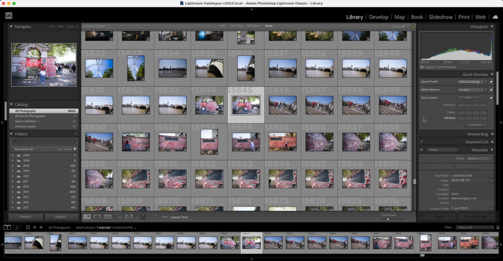 Adobe Lightroom Library used to browse photographs.