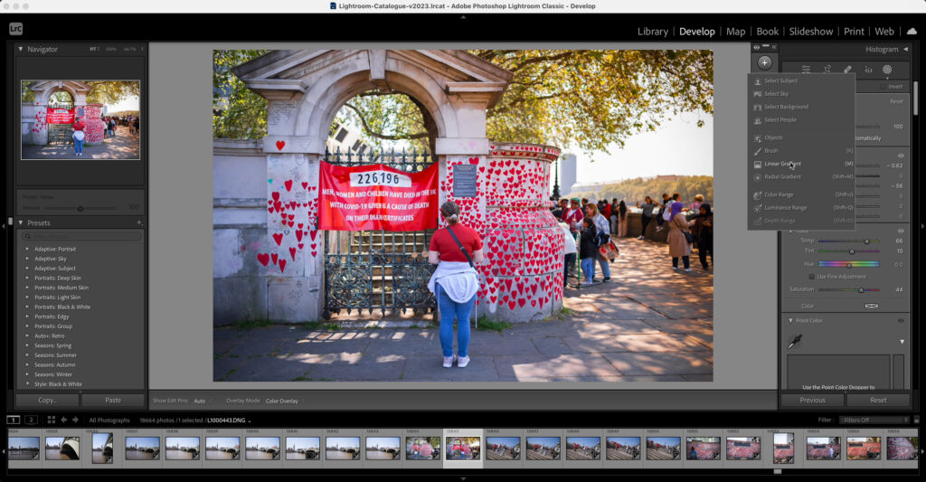 Adobe Lightroom selecting the Linear Gradient Mask.