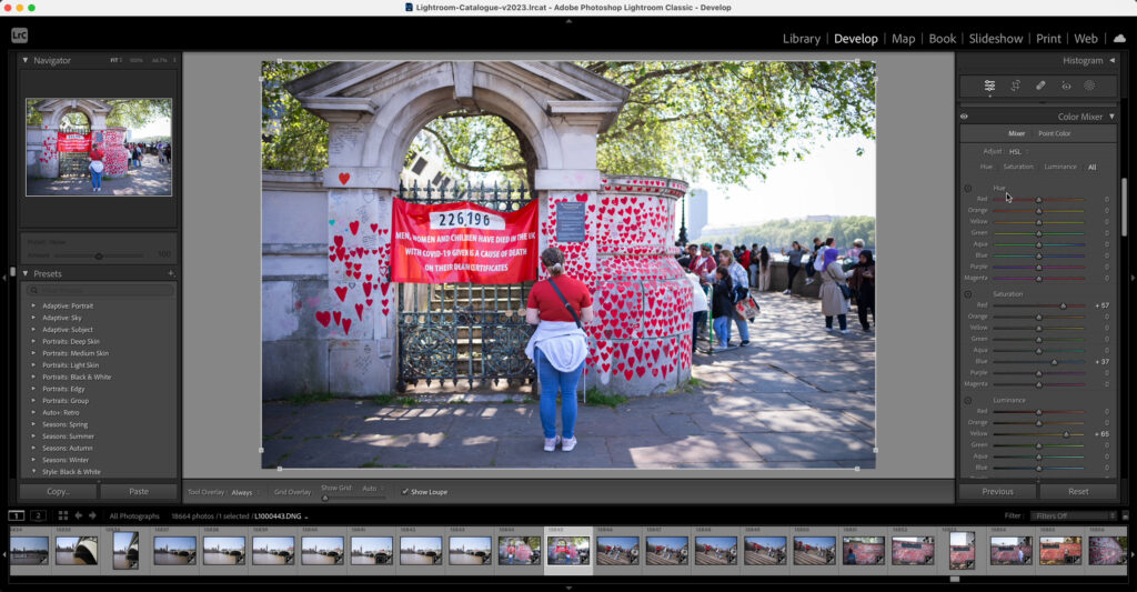 Adobe Lightroom HSL Hue Saturation and Luminance controls after straightening image.