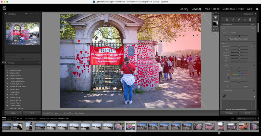 Adobe Lightroom using the Linear Gradient Mask stage 1.